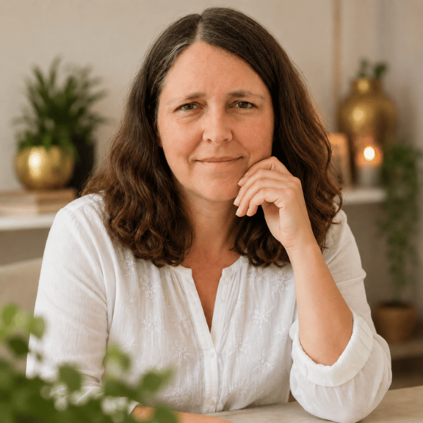 Daniela sitzt in einem gemütlichen Ambiente und hat die Muster-Ampel für dich entworfen